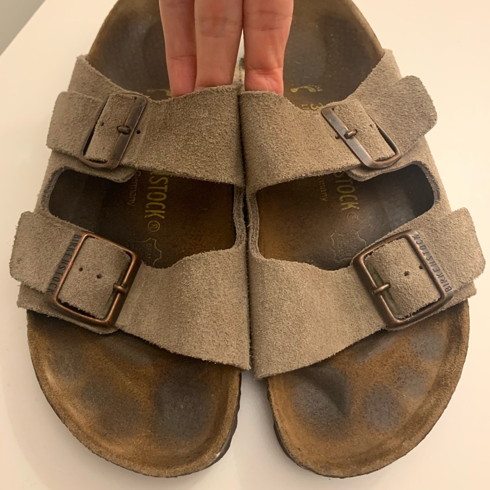 Arizona Suede Leather Birkenstocks in Taupe